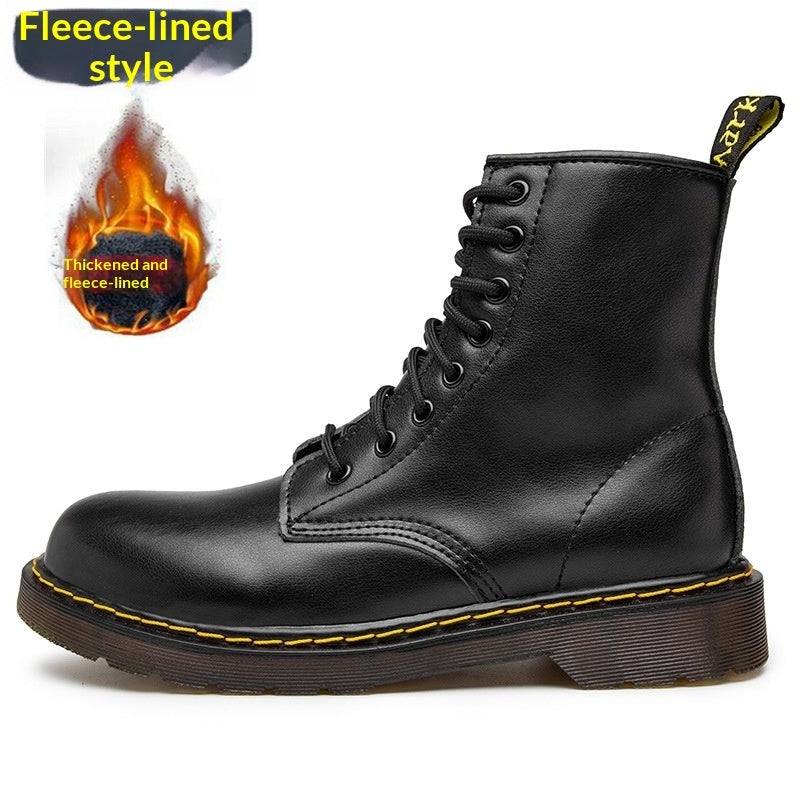 8-eye cowhide leather lace-up boots in black, fleece-lined version