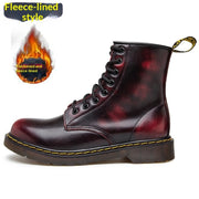 8-eye cowhide leather lace-up boots in burgundy, fleece-lined version