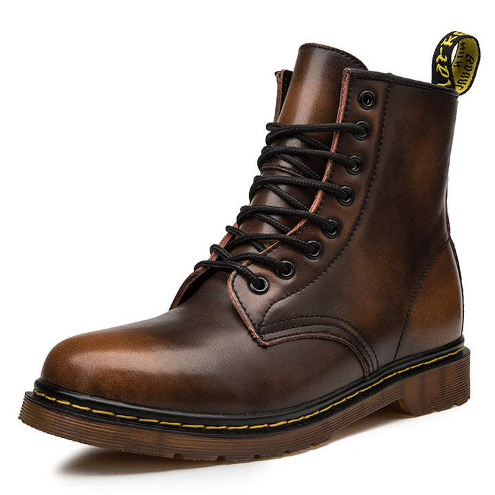 8-eye cowhide leather lace-up boots in yellow brown