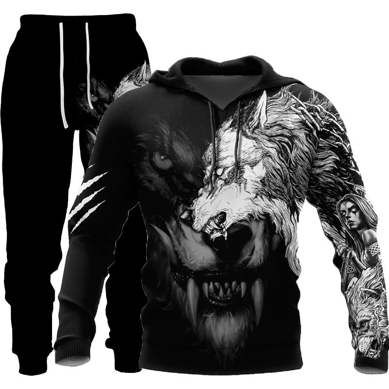 Men's 3D wolf print hooded tracksuit, Set eight design