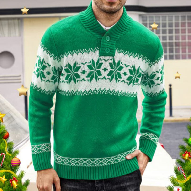Men's Christmas jacquard knit V-neck sweater in green