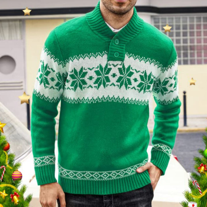 Men's Christmas jacquard knit V-neck sweater in green
