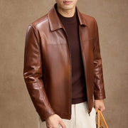 Men's faux leather jacket with turn-down collar in red brown