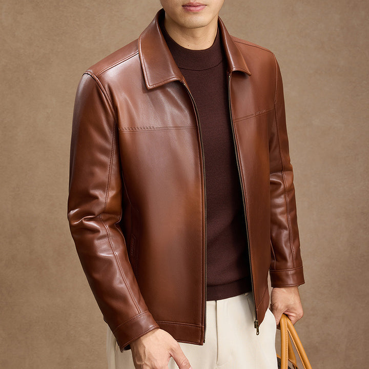 Men's faux leather jacket with turn-down collar in red brown