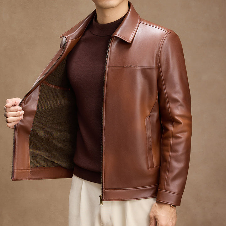 Men's faux leather jacket with turn-down collar, main product image