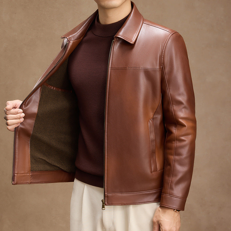 Men's faux leather jacket with turn-down collar, main product image