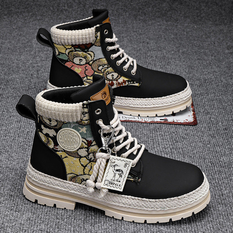 Men's fleece-lined high-top lace-up boots in black