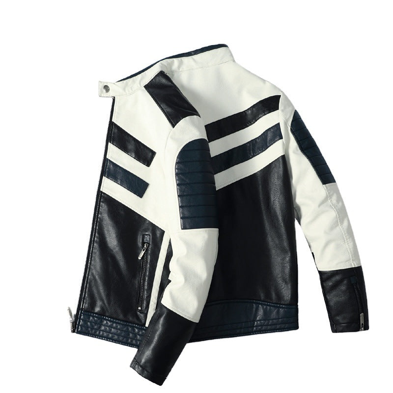 Men's fleece-lined PU motorcycle jacket in blue