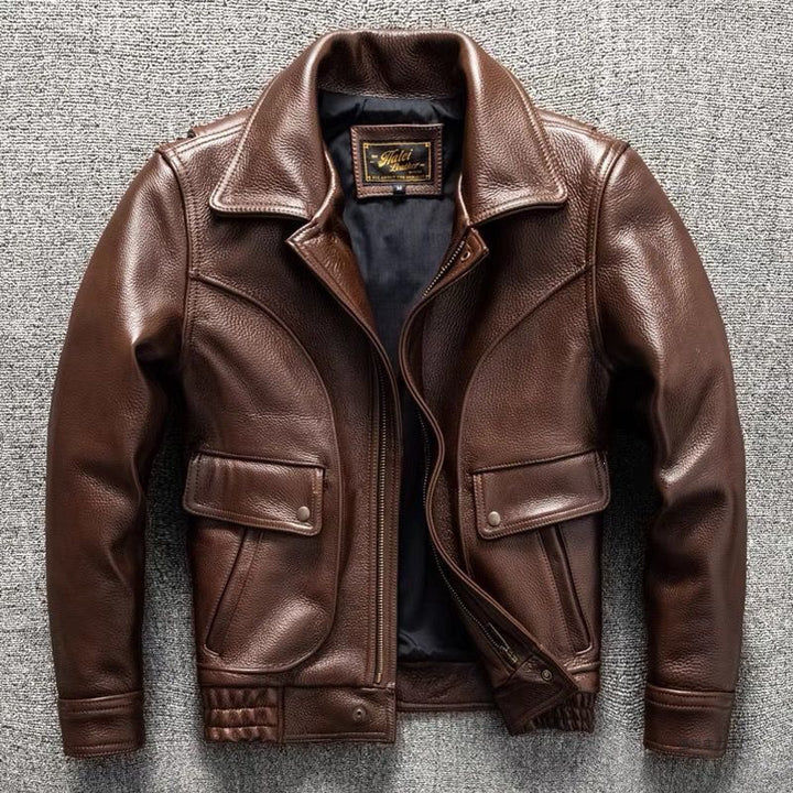 Men's genuine sheepskin leather jacket in brown, main product image