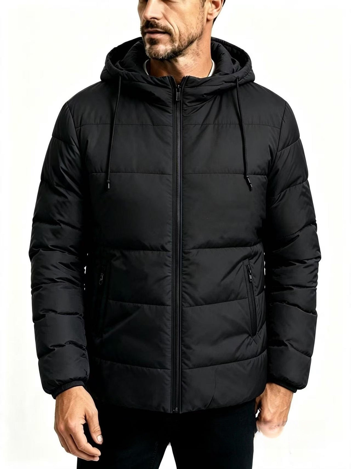 Men's hooded cotton-padded winter coat in black