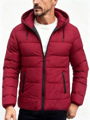 Men's hooded cotton-padded winter coat in wine red