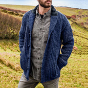 Men's lapel collar knit cardigan in blue