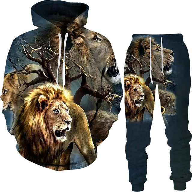 Men's lion family print hooded tracksuit, hoodie and jogger pants