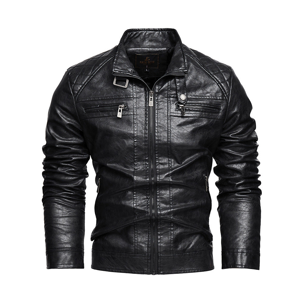 Men's PU leather jacket with pockets in black