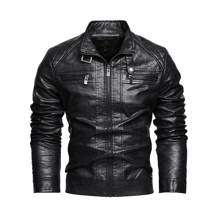 Men's PU leather jacket with pockets in black