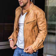 Men's punk-style PU leather motorcycle jacket in brown