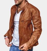 Men's punk-style PU leather motorcycle jacket in dark brown