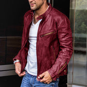 Men's punk-style PU leather motorcycle jacket in red wine