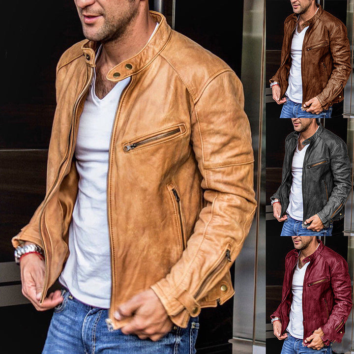 Men's punk-style PU leather motorcycle jacket, main product image