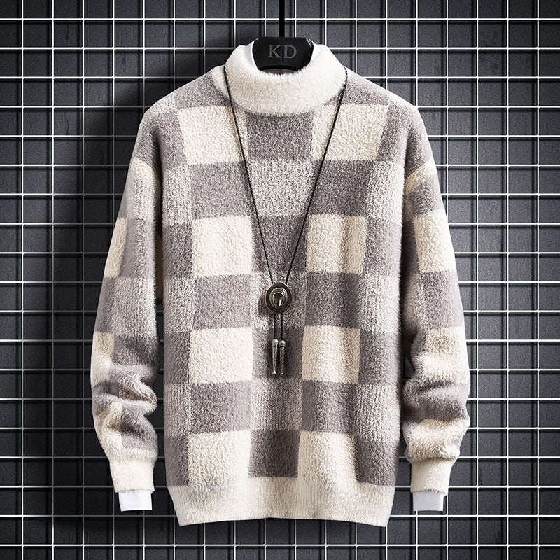 Men's slim-fit check crew neck knit sweater in beige