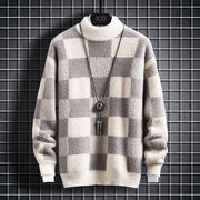 Men's slim-fit check crew neck knit sweater in beige
