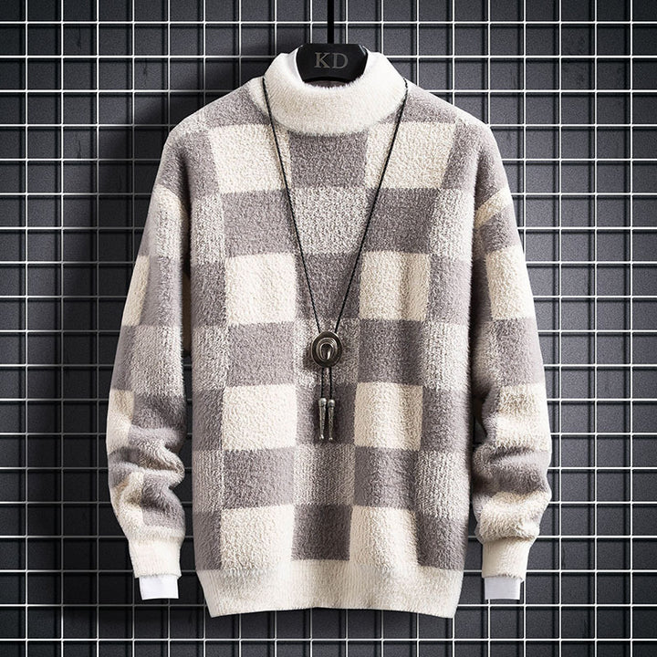 Men's slim-fit check crew neck knit sweater in beige