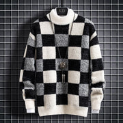 Men's slim-fit check crew neck knit sweater in black