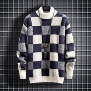 Men's slim-fit check crew neck knit sweater in blue
