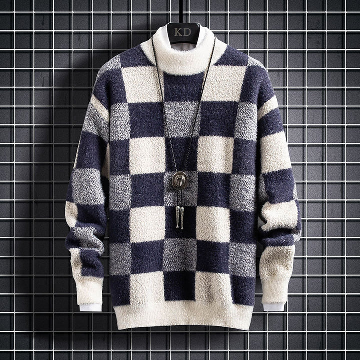 Men's slim-fit check crew neck knit sweater in blue