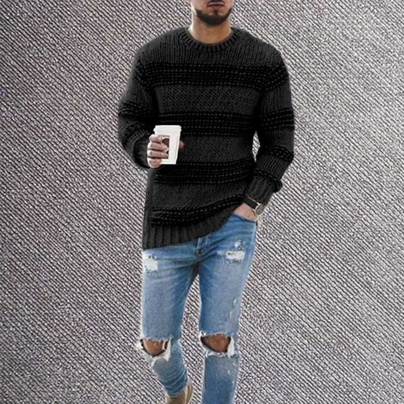 Men's striped crew neck knit sweater in black