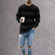 Men's striped crew neck knit sweater in black