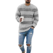 Men's striped crew neck knit sweater in grey