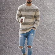 Men's striped crew neck knit sweater in khaki