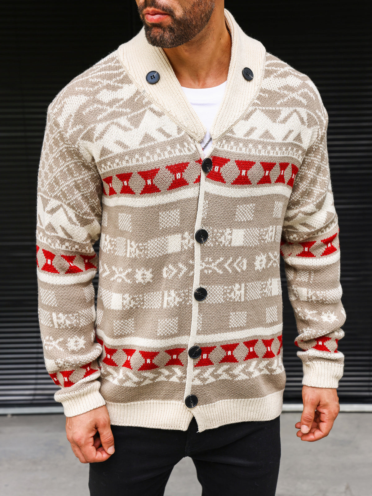 Men's thick knit cardigan sweater coat in beige