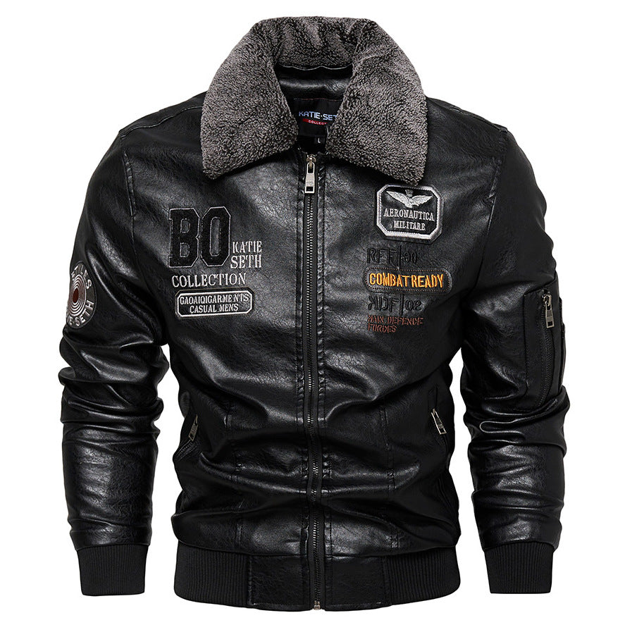 Men's winter PU leather zip jacket in black