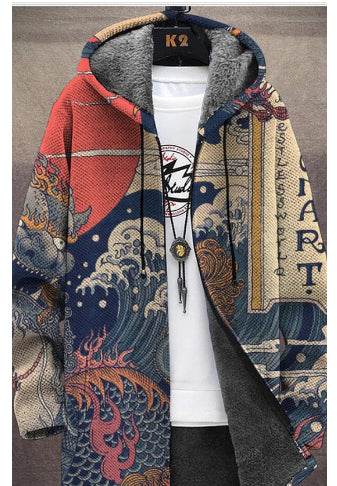 Thick printed hooded cardigan, 19style print