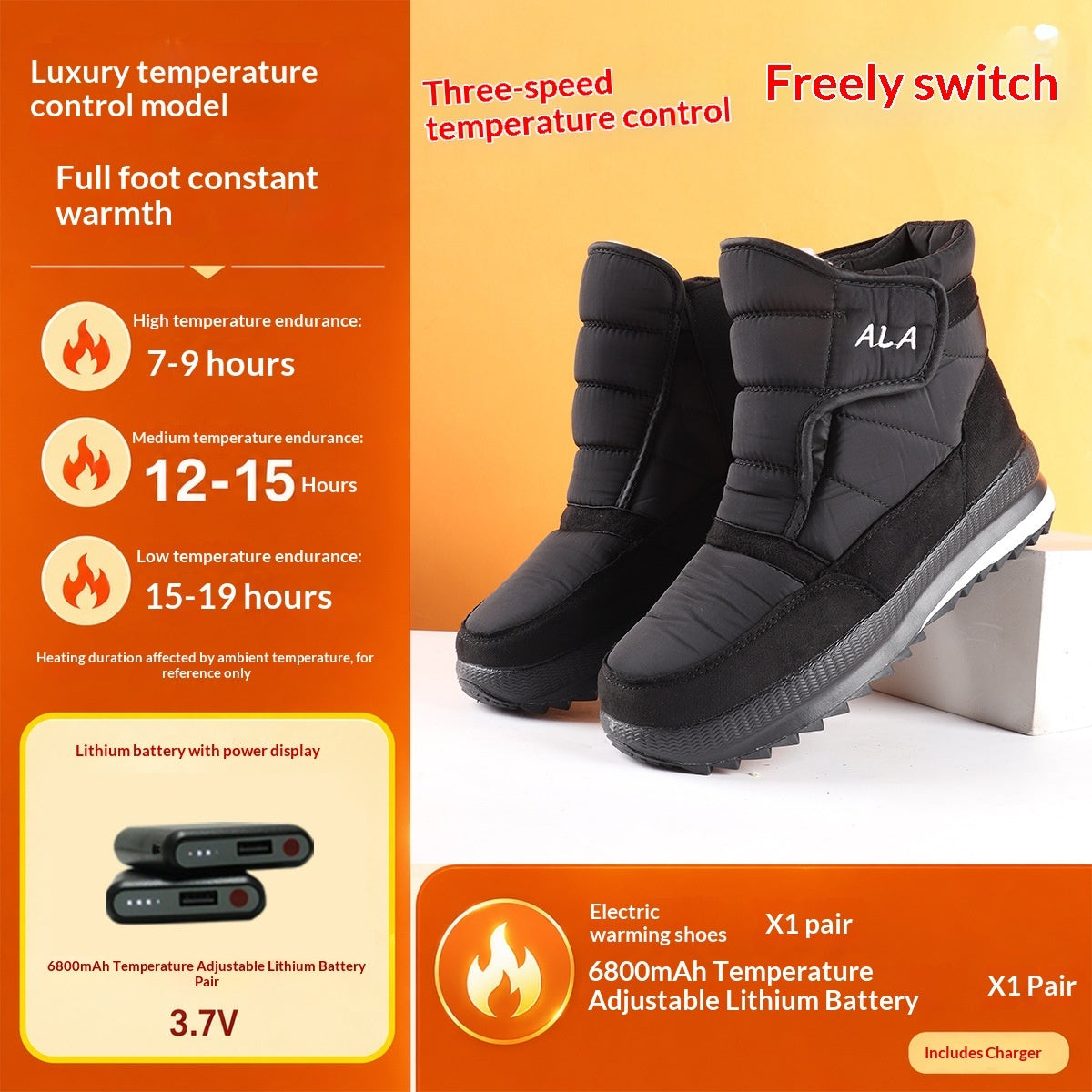 USB rechargeable heated snow boots, Luxury Temperature Control model